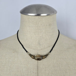 Vintage Black Beaded Necklace with Smoky Faceted Glass Pendant & Brass Tone Accents