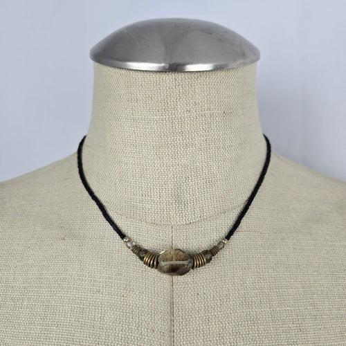Vintage Black Beaded Necklace with Smoky Faceted Glass Pendant & Brass Tone Accents