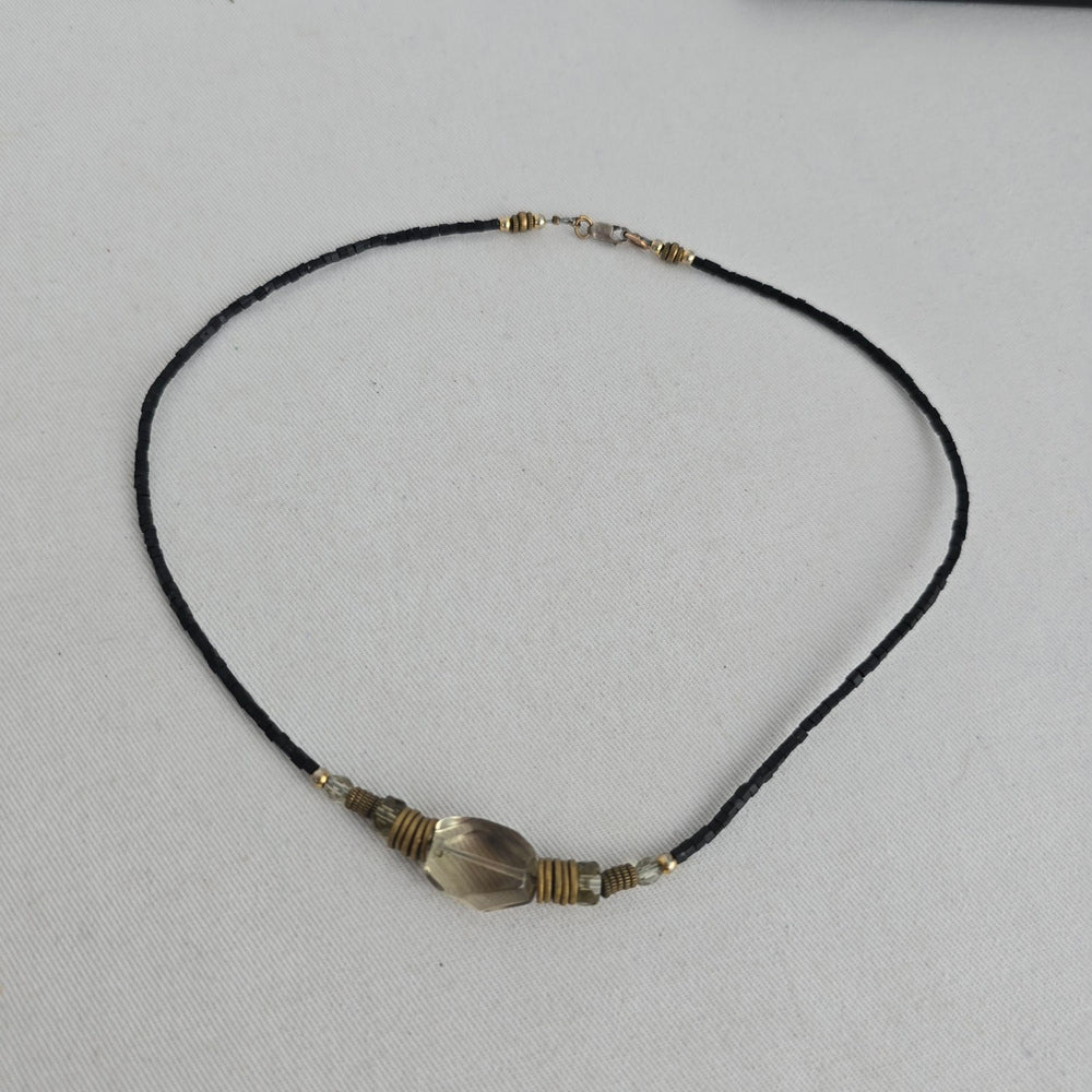 Vintage Black Beaded Necklace with Smoky Faceted Glass Pendant & Brass Tone Accents