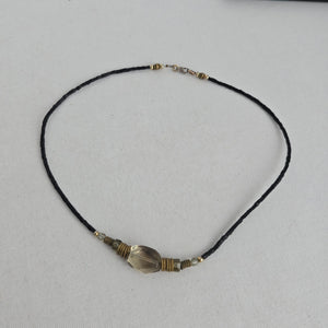 Vintage Black Beaded Necklace with Smoky Faceted Glass Pendant & Brass Tone Accents