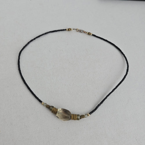 Vintage Black Beaded Necklace with Smoky Faceted Glass Pendant & Brass Tone Accents