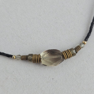 Vintage Black Beaded Necklace with Smoky Faceted Glass Pendant & Brass Tone Accents