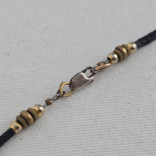 Vintage Black Beaded Necklace with Smoky Faceted Glass Pendant & Brass Tone Accents