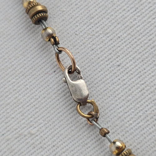 Vintage Black Beaded Necklace with Smoky Faceted Glass Pendant & Brass Tone Accents