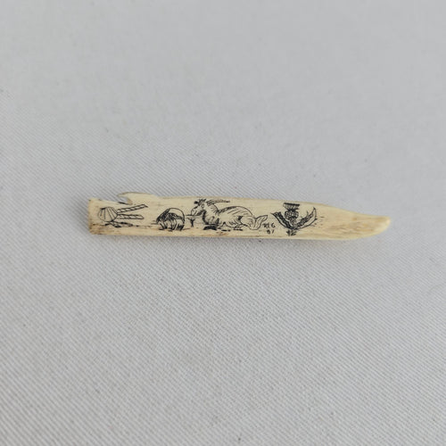 Vintage Scrimshaw Style Ivory-Tone Etched Brooch Pin Scottish Motif