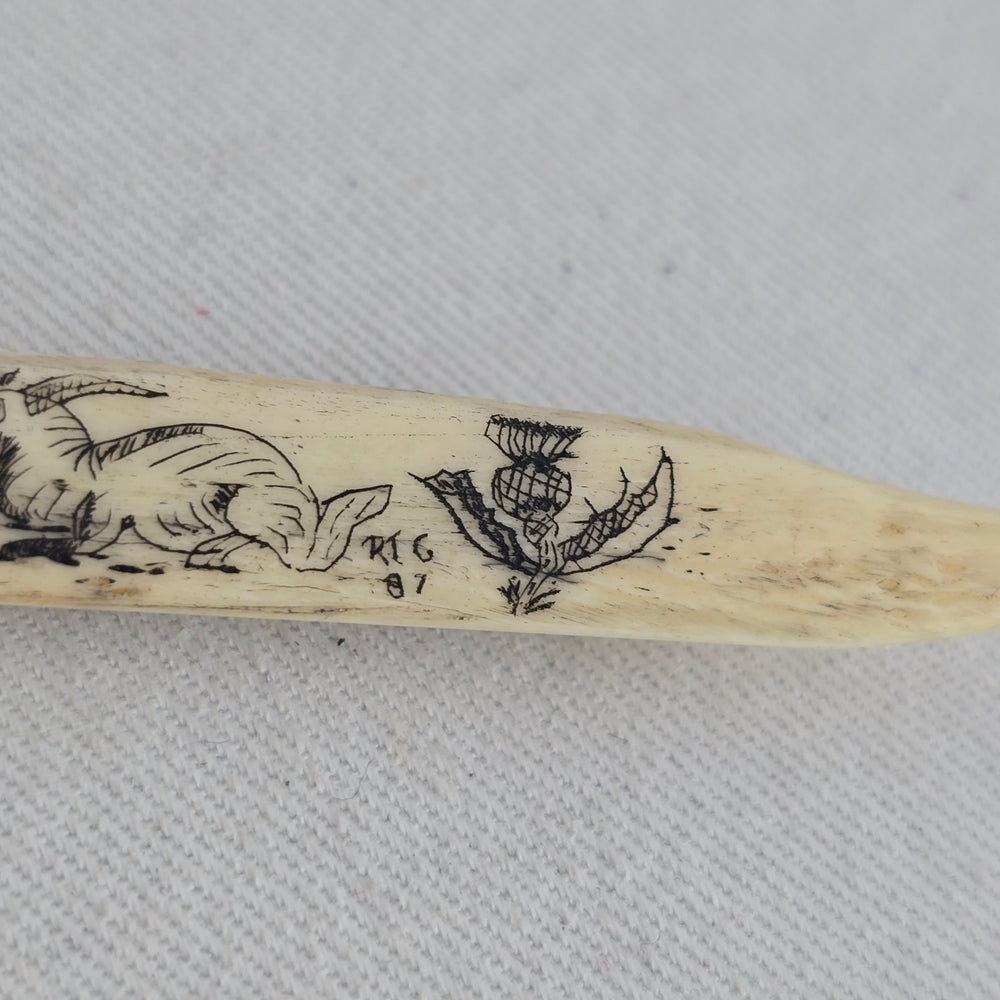 Vintage Scrimshaw Style Ivory-Tone Etched Brooch Pin Scottish Motif