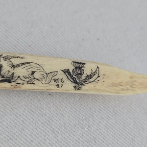 Vintage Scrimshaw Style Ivory-Tone Etched Brooch Pin Scottish Motif