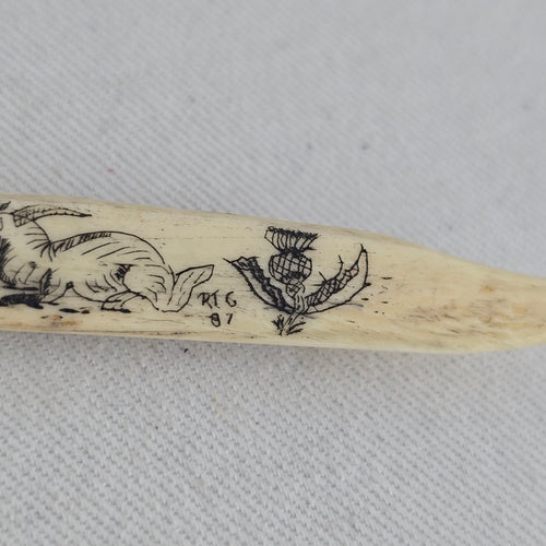 Vintage Scrimshaw Style Ivory-Tone Etched Brooch Pin Scottish Motif