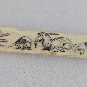 Vintage Scrimshaw Style Ivory-Tone Etched Brooch Pin Scottish Motif