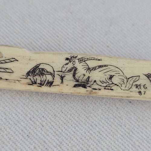 Vintage Scrimshaw Style Ivory-Tone Etched Brooch Pin Scottish Motif