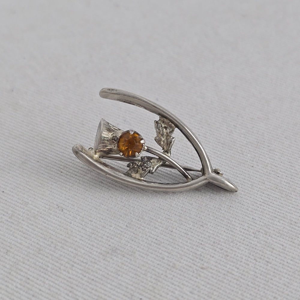 Vintage Sterling Silver Scottish Thistle Wishbone Brooch – Amber Citrine Glass