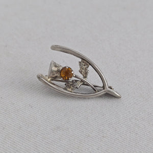 Vintage Sterling Silver Scottish Thistle Wishbone Brooch – Amber Citrine Glass