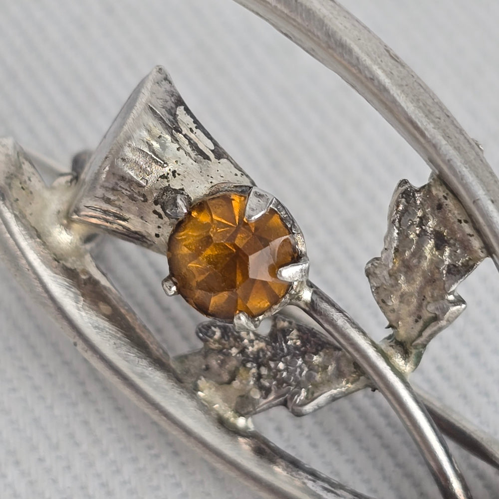 Vintage Sterling Silver Scottish Thistle Wishbone Brooch – Amber Citrine Glass
