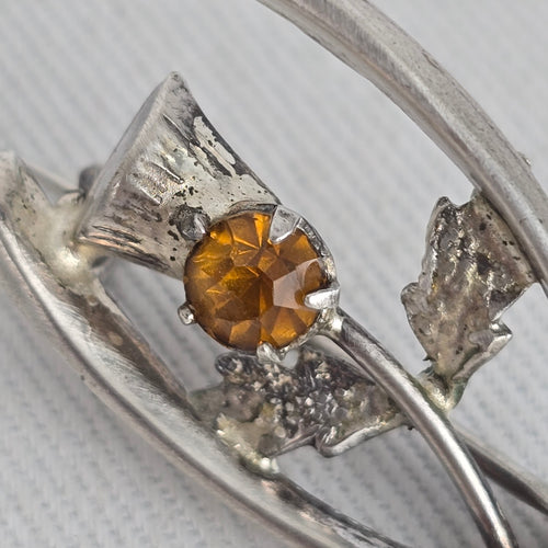 Vintage Sterling Silver Scottish Thistle Wishbone Brooch – Amber Citrine Glass