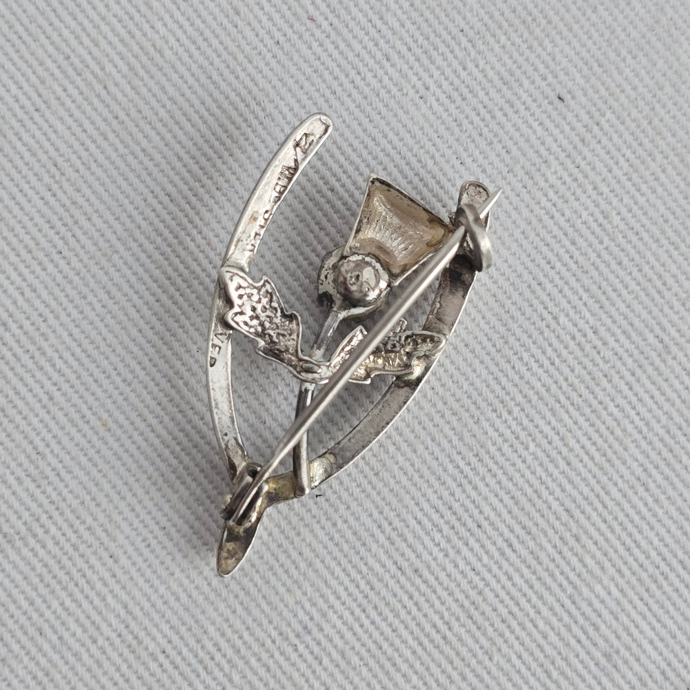 Vintage Sterling Silver Scottish Thistle Wishbone Brooch – Amber Citrine Glass