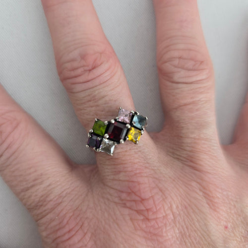 925 Sterling Silver Multi-Color Princess Cut Gemstone Cluster Ring