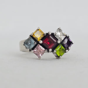 925 Sterling Silver Multi-Color Princess Cut Gemstone Cluster Ring