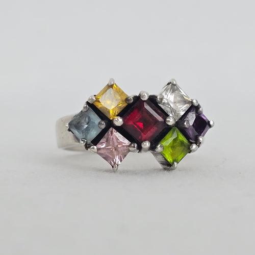 925 Sterling Silver Multi-Color Princess Cut Gemstone Cluster Ring