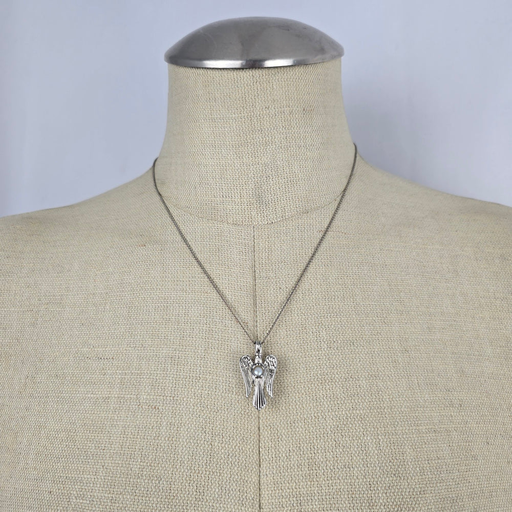 Vintage Silver-Tone Angel Pendant Necklace with Faux Pearl Accent