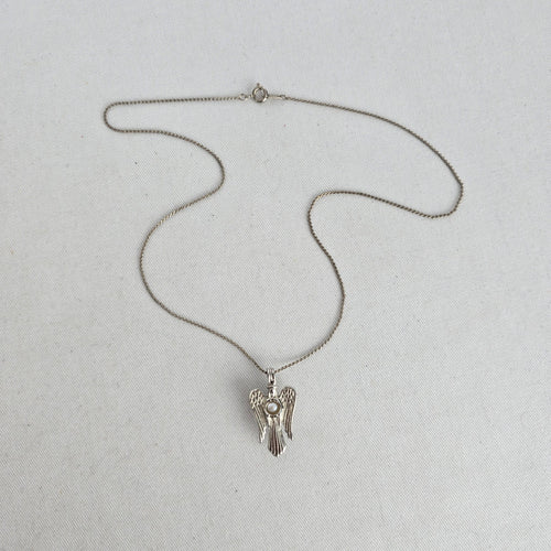 Vintage Silver-Tone Angel Pendant Necklace with Faux Pearl Accent