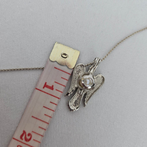 Vintage Silver-Tone Angel Pendant Necklace with Faux Pearl Accent