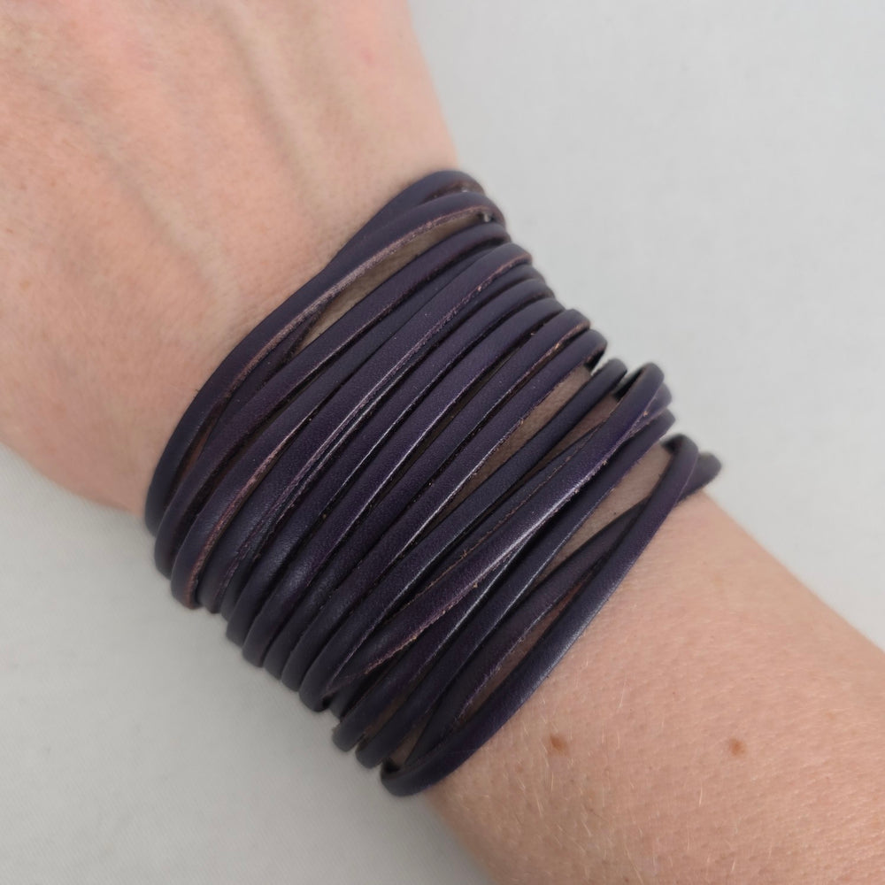 Purple Leather Multi-Strand Cuff Bracelet Snap Closure