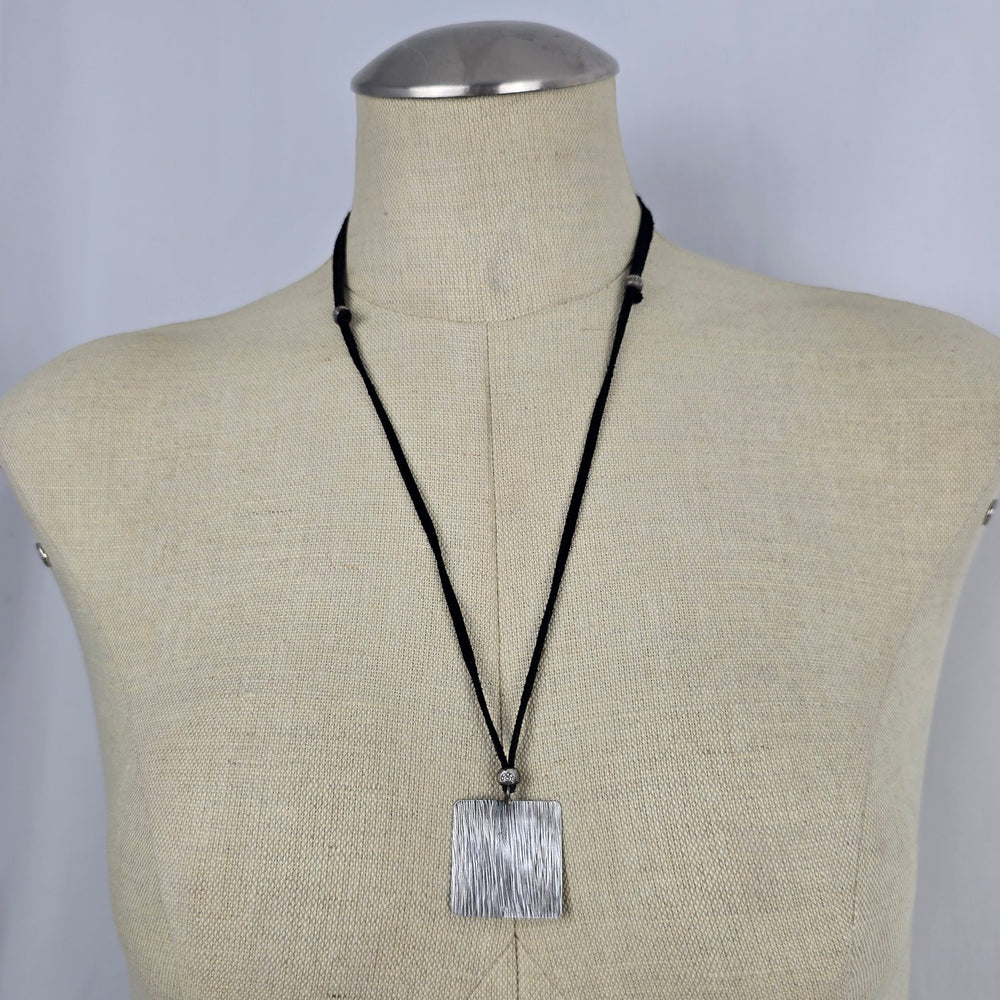 Vintage 925 Sterling Silver Square Textured Pendant Necklace on Black Cord