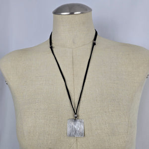 Vintage 925 Sterling Silver Square Textured Pendant Necklace on Black Cord