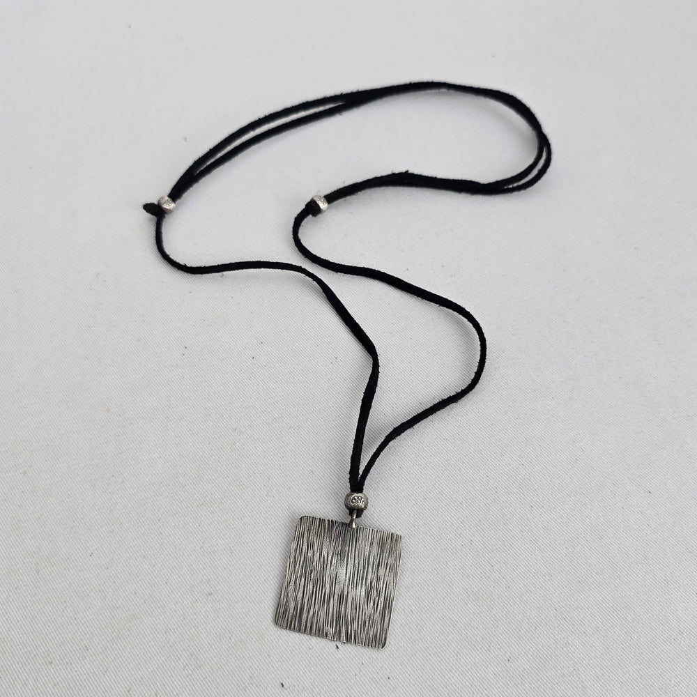 Vintage 925 Sterling Silver Square Textured Pendant Necklace on Black Cord