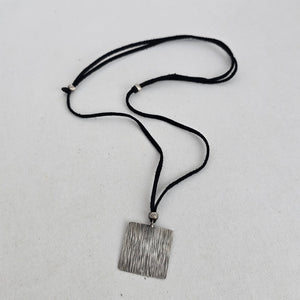 Vintage 925 Sterling Silver Square Textured Pendant Necklace on Black Cord