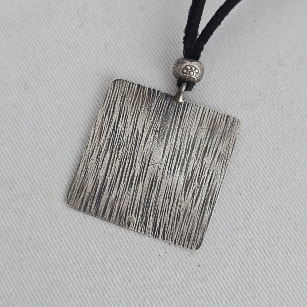 Vintage 925 Sterling Silver Square Textured Pendant Necklace on Black Cord