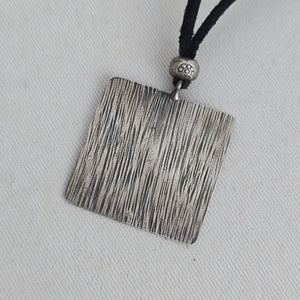Vintage 925 Sterling Silver Square Textured Pendant Necklace on Black Cord