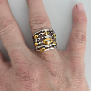 Two-Tone Silver & Gold Wide Statement Ring Layered Wave Design