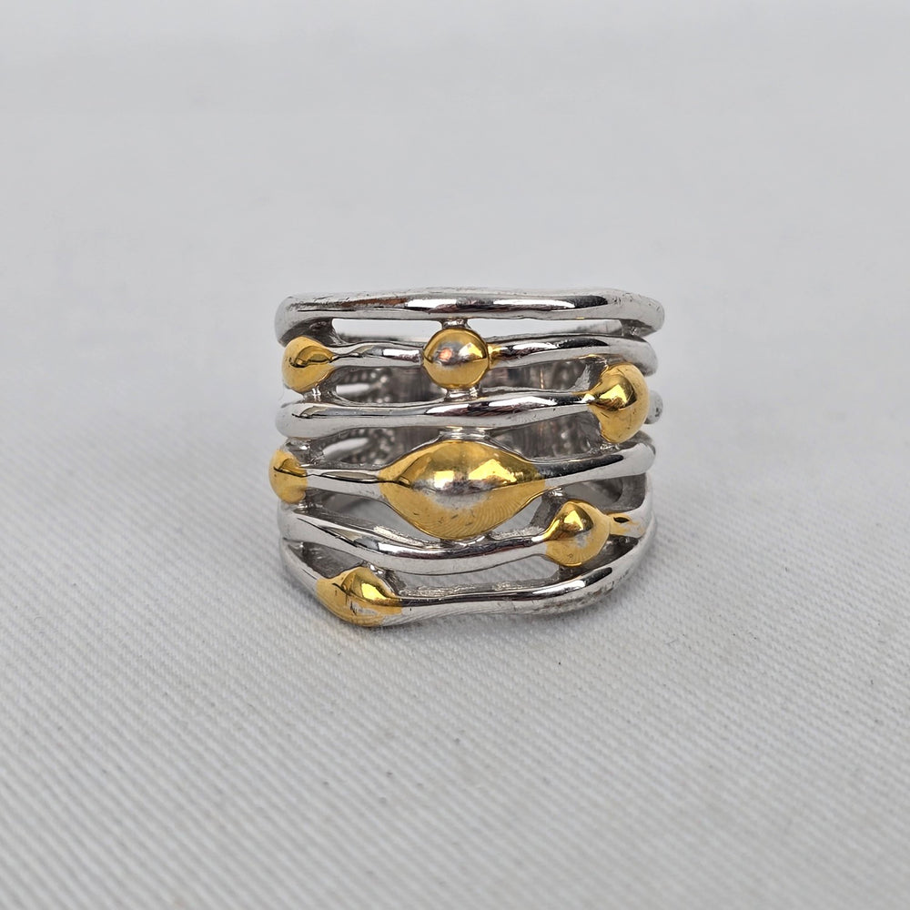 Two-Tone Silver & Gold Wide Statement Ring Layered Wave Design