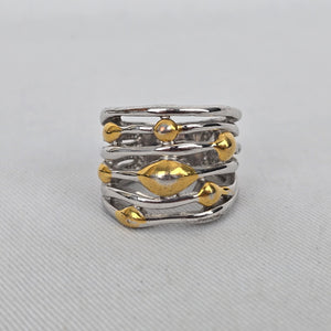 Two-Tone Silver & Gold Wide Statement Ring Layered Wave Design