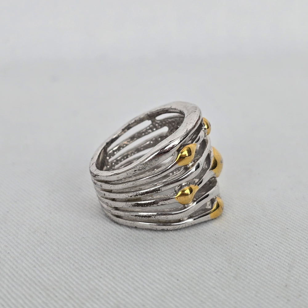 Two-Tone Silver & Gold Wide Statement Ring Layered Wave Design