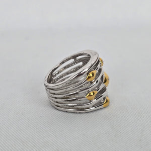 Two-Tone Silver & Gold Wide Statement Ring Layered Wave Design