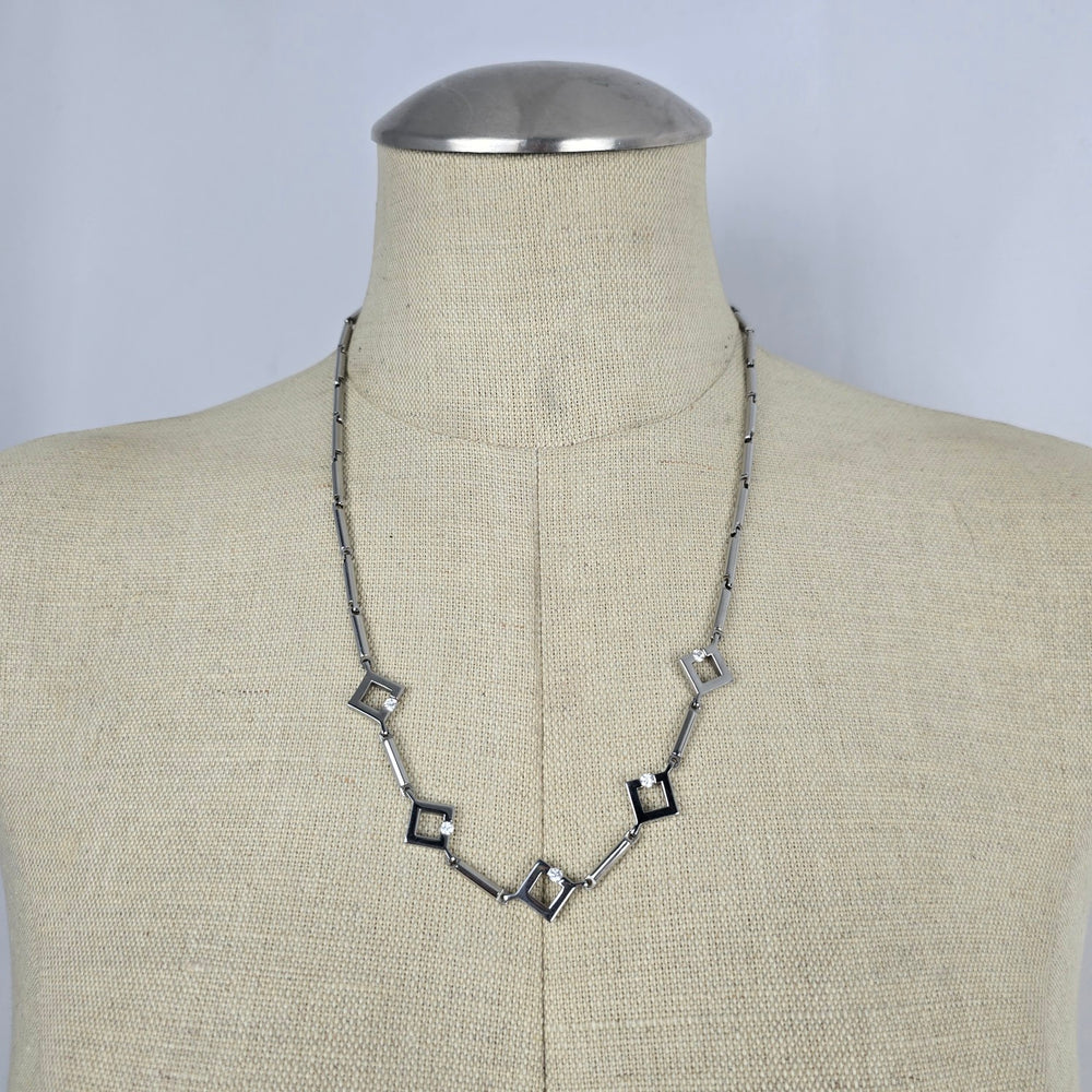 Gold & Jewels Silver Tone Geometric Square Crystal Necklace