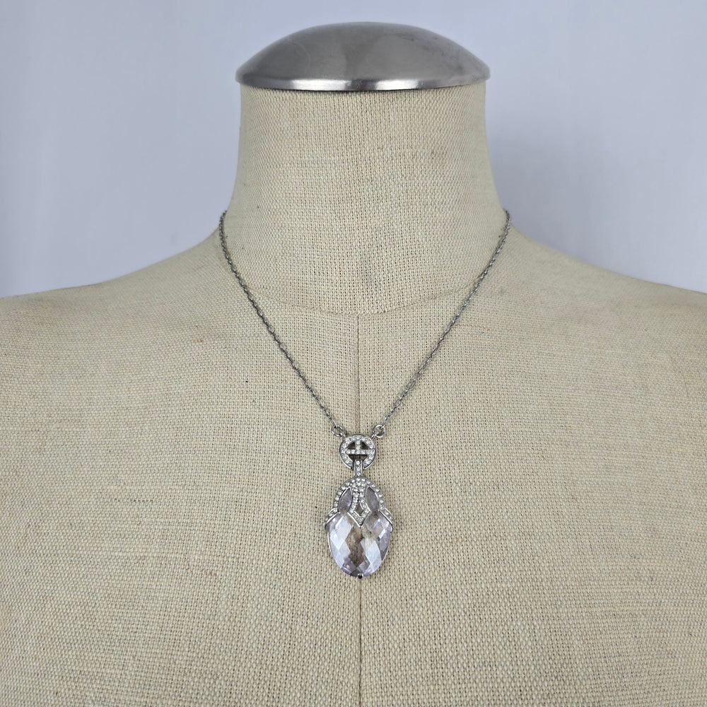 Vintage Butler Silver Oval Faceted Stone Pendant Necklace