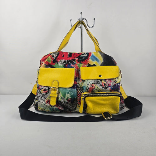 Louis Klein Multicolor Print Yellow Leather Trim Satchel Crossbody Handbag