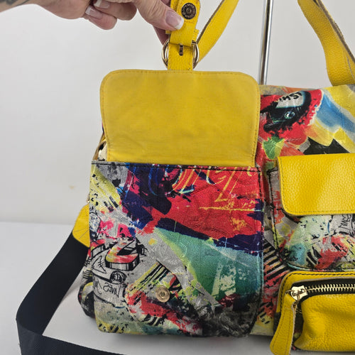 Louis Klein Multicolor Print Yellow Leather Trim Satchel Crossbody Handbag
