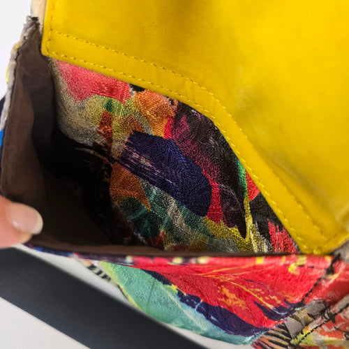 Louis Klein Multicolor Print Yellow Leather Trim Satchel Crossbody Handbag