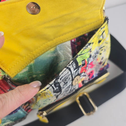 Louis Klein Multicolor Print Yellow Leather Trim Satchel Crossbody Handbag