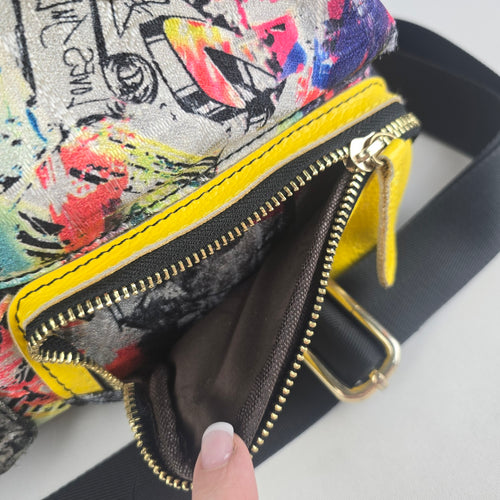Louis Klein Multicolor Print Yellow Leather Trim Satchel Crossbody Handbag