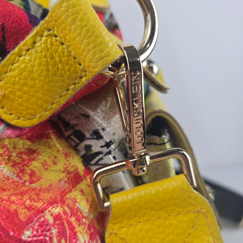 Louis Klein Multicolor Print Yellow Leather Trim Satchel Crossbody Handbag
