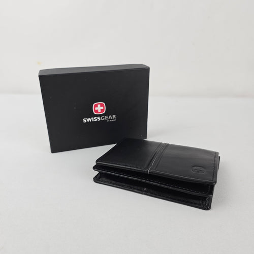 SwissGear Black Leather Bifold Wallet with ID Window
