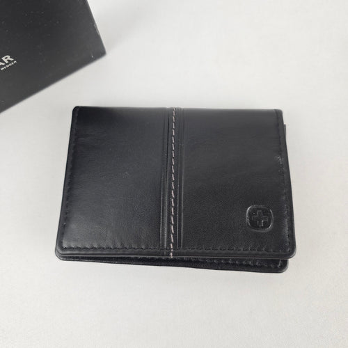 SwissGear Black Leather Bifold Wallet with ID Window