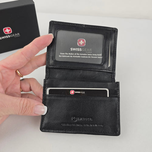 SwissGear Black Leather Bifold Wallet with ID Window