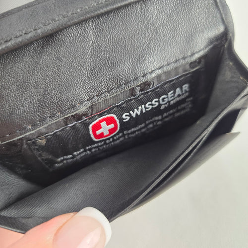 SwissGear Black Leather Bifold Wallet with ID Window