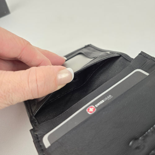 SwissGear Black Leather Bifold Wallet with ID Window